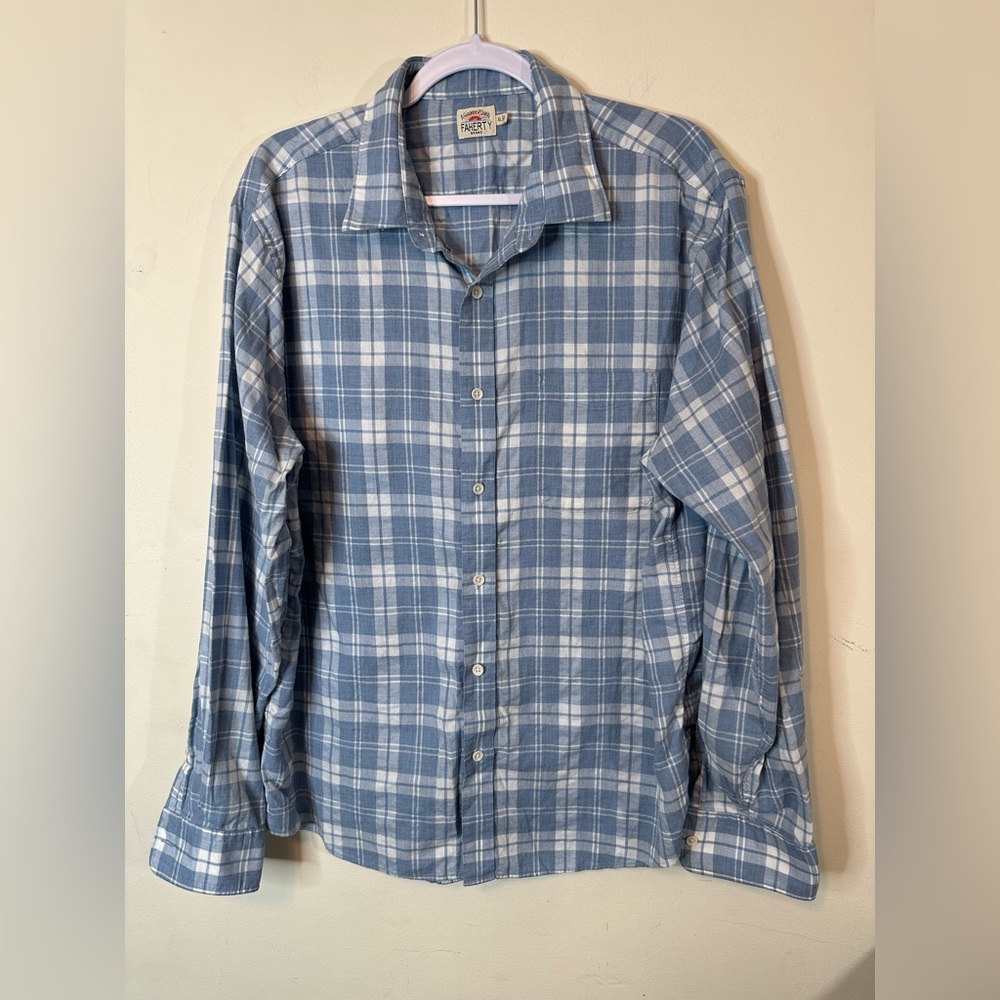 Faherty Ventura Long Sleeve Shirt Mens XL  Blue And White Plaid Stretch Cotton